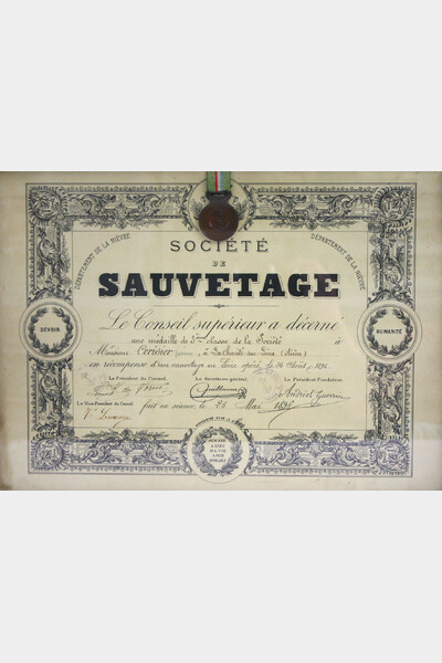 Diplôme et médaille de 3e classe de la Société des sauveteurs de la Nièvre